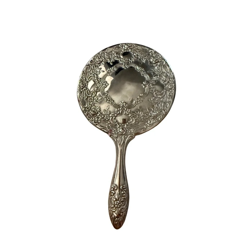 Vintage Silver Ornate Floral Repousse Hand Mirror Victorian Style Vanity Decor